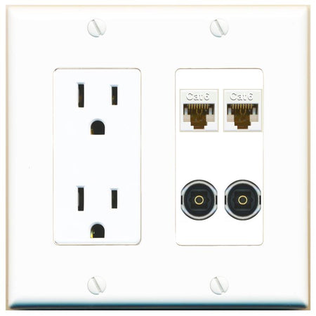 RiteAV 2 CAT6 2 TOSLINK Wall Plate with 15A Power Outlet [White]