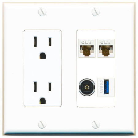 RiteAV 2 CAT6 TOSLINK USB-3 Wall Plate with 15A Power Outlet [White]