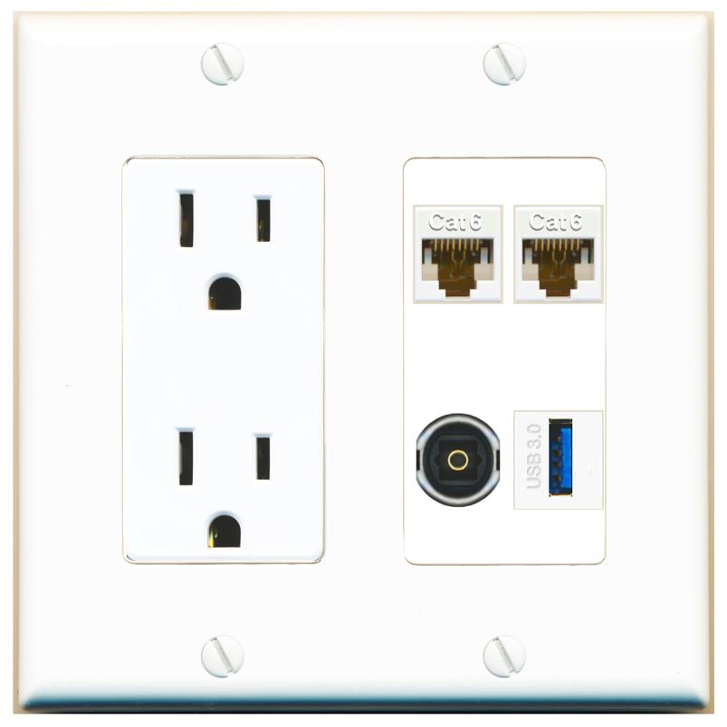 RiteAV 2 CAT6 TOSLINK USB-3 Wall Plate with 15A Power Outlet [White]