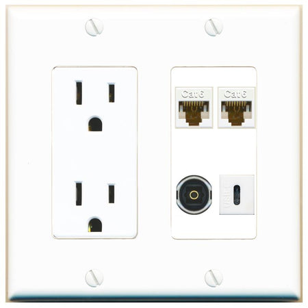 RiteAV 2 CAT6 TOSLINK USBC Wall Plate with 15A Power Outlet [White]