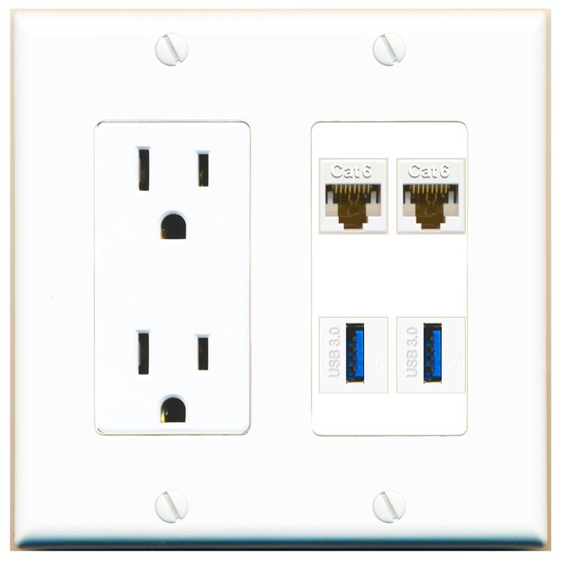 RiteAV 2 CAT6 2 USB-3 Wall Plate with 15A Power Outlet [White]