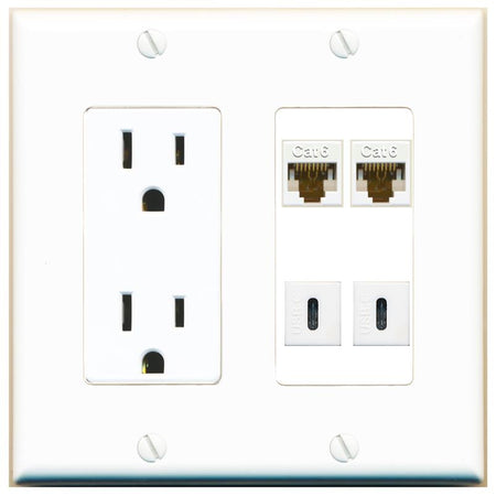 RiteAV 2 CAT6 2 USBC Wall Plate with 15A Power Outlet [White]