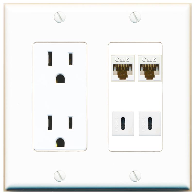 RiteAV 2 CAT6 2 USBC Wall Plate with 15A Power Outlet [White]