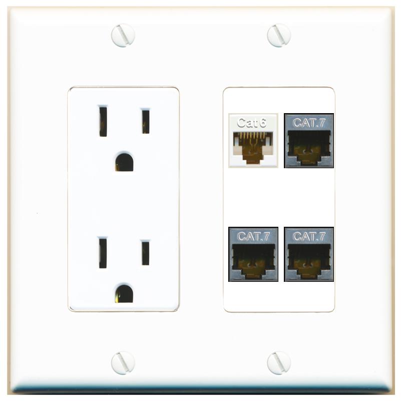 RiteAV CAT6 3 CAT7 Wall Plate with 15A Power Outlet [White]