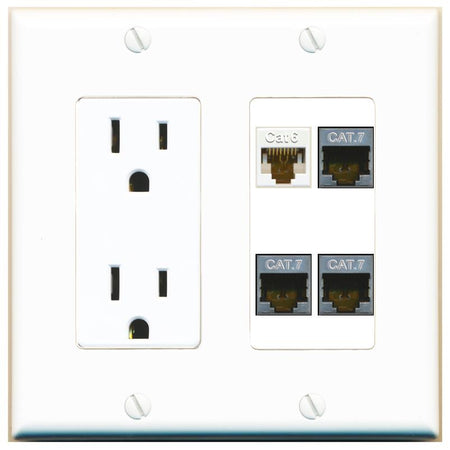 RiteAV CAT6 3 CAT7 Wall Plate with 15A Power Outlet [White]