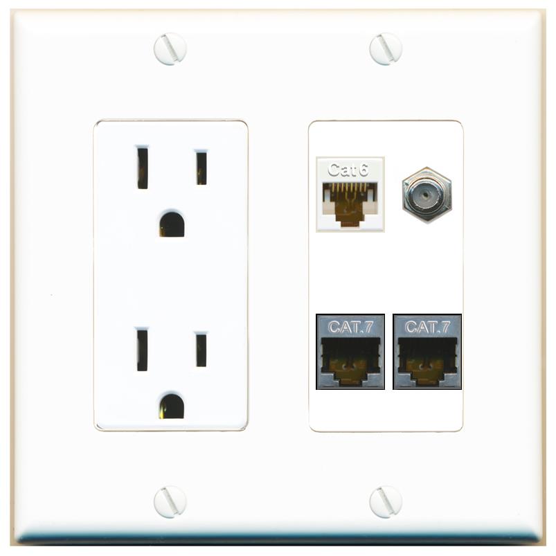 RiteAV CAT6 2 CAT7 COAX Wall Plate with 15A Power Outlet [White]