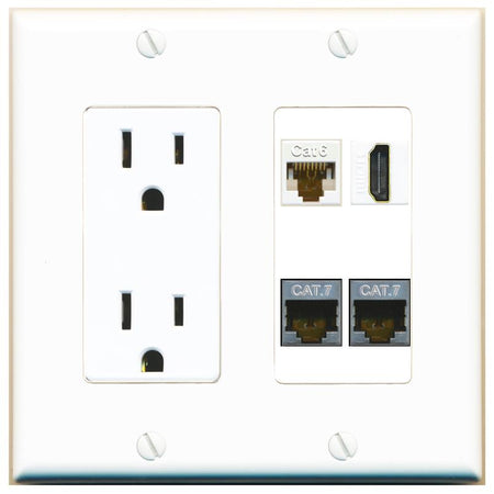 RiteAV CAT6 2 CAT7 HDMI Wall Plate with 15A Power Outlet [White]