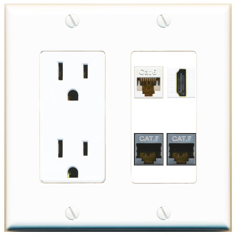 RiteAV CAT6 2 CAT7 HDMI Wall Plate with 15A Power Outlet [White]