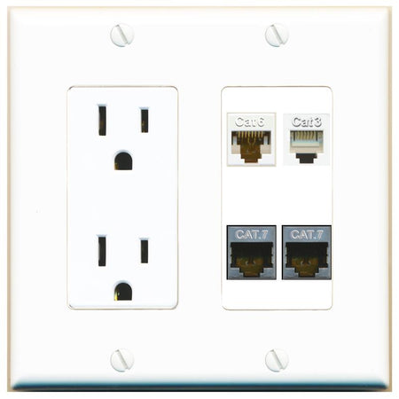 RiteAV CAT6 2 CAT7 PHONE Wall Plate with 15A Power Outlet [White]