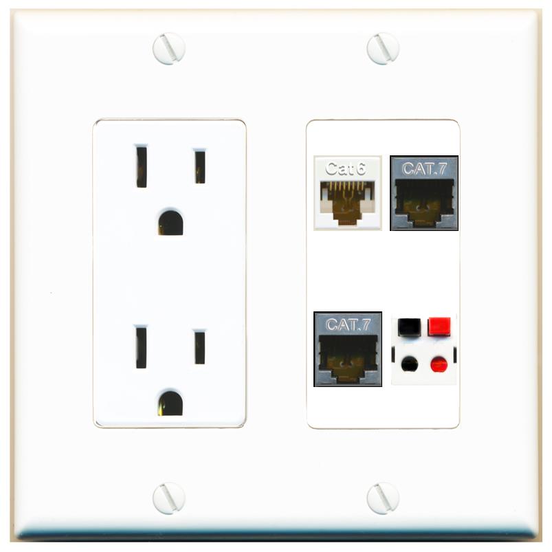 RiteAV CAT6 2 CAT7 SPEAKER Wall Plate with 15A Power Outlet [White]