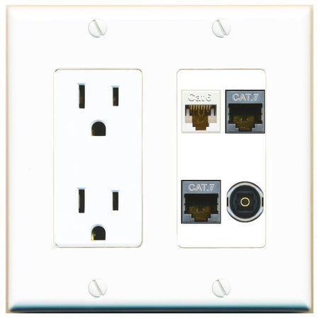 RiteAV CAT6 2 CAT7 TOSLINK Wall Plate with 15A Power Outlet [White]