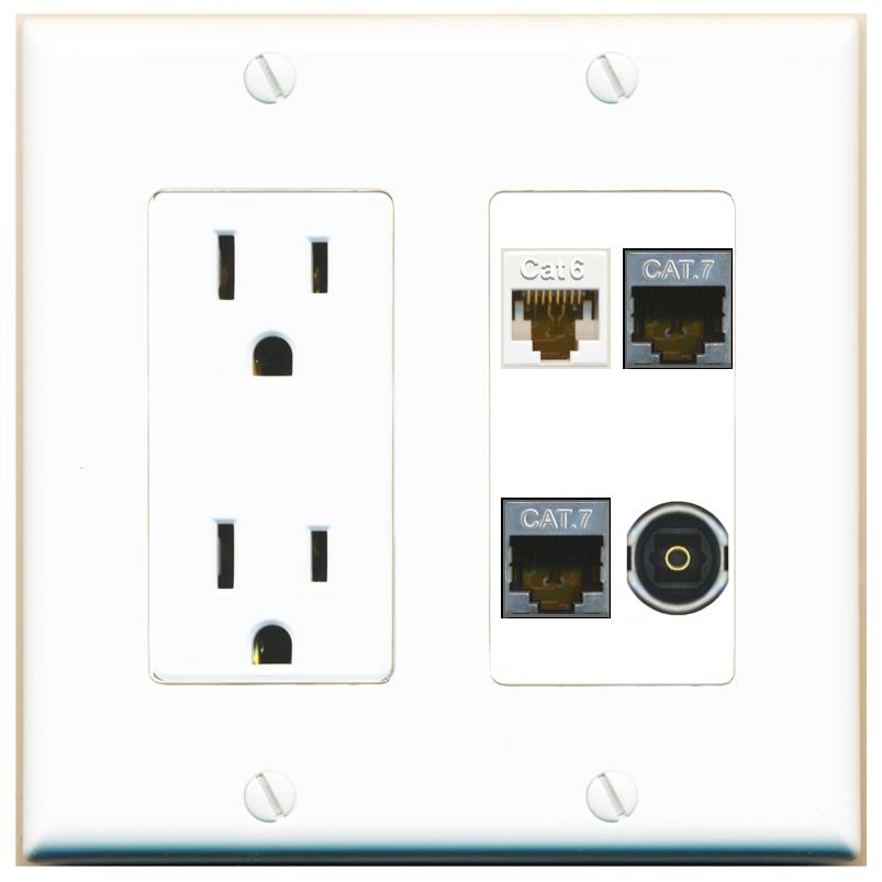 RiteAV CAT6 2 CAT7 TOSLINK Wall Plate with 15A Power Outlet [White]