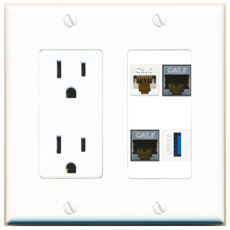 RiteAV CAT6 2 CAT7 USB-3 Wall Plate with 15A Power Outlet [White]