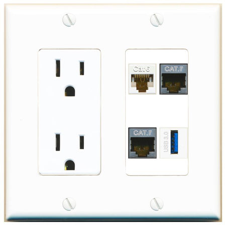RiteAV CAT6 2 CAT7 USB-3 Wall Plate with 15A Power Outlet [White]