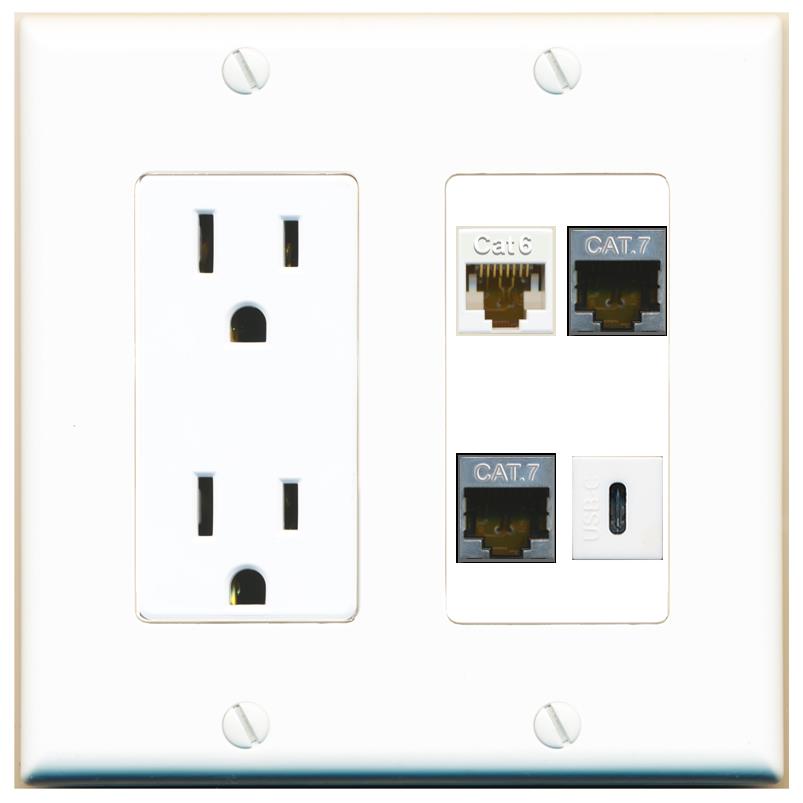 RiteAV CAT6 2 CAT7 USBC Wall Plate with 15A Power Outlet [White]