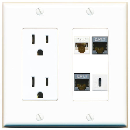 RiteAV CAT6 2 CAT7 USBC Wall Plate with 15A Power Outlet [White]