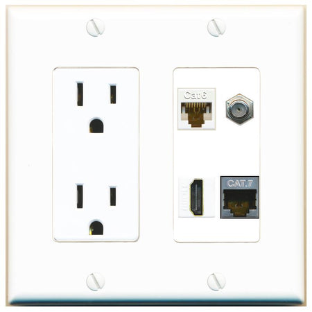 RiteAV CAT6 CAT7 COAX HDMI Wall Plate with 15A Power Outlet [White]