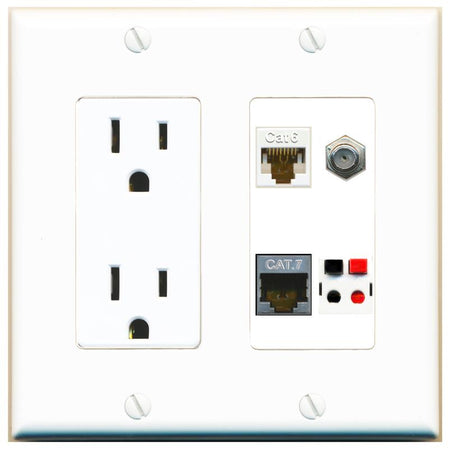 RiteAV CAT6 CAT7 COAX SPEAKER Wall Plate with 15A Power Outlet [White]