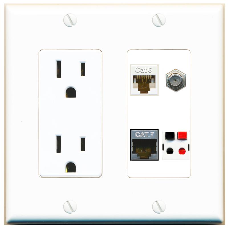 RiteAV CAT6 CAT7 COAX SPEAKER Wall Plate with 15A Power Outlet [White]