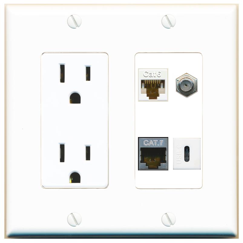RiteAV CAT6 CAT7 COAX USBC Wall Plate with 15A Power Outlet [White]