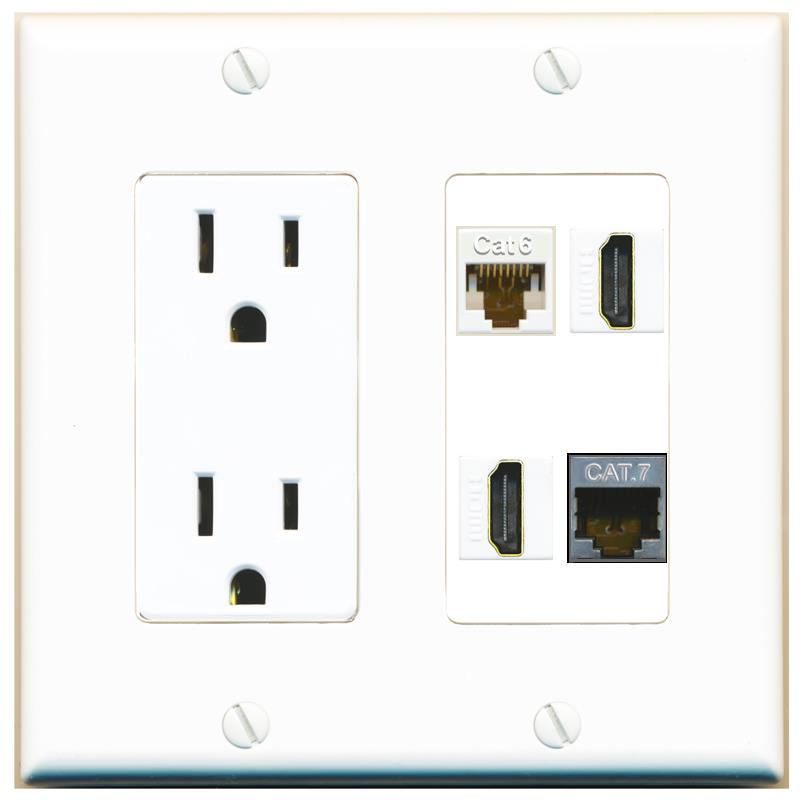 RiteAV CAT6 CAT7 2 HDMI Wall Plate with 15A Power Outlet [White]