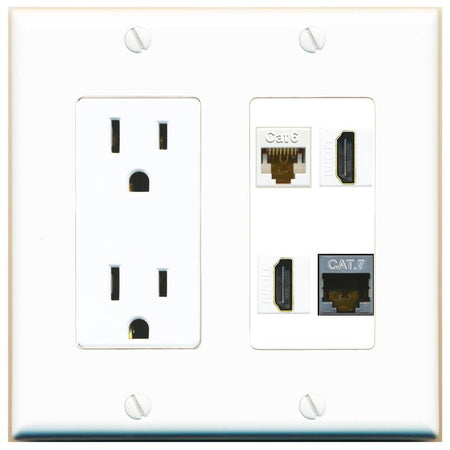 RiteAV CAT6 CAT7 2 HDMI Wall Plate with 15A Power Outlet [White]