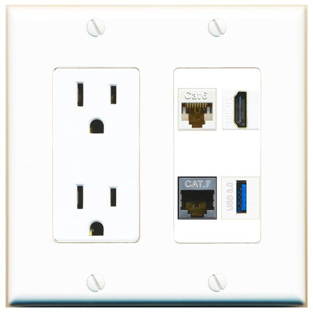 RiteAV CAT6 CAT7 HDMI USB-3 Wall Plate with 15A Power Outlet [White]