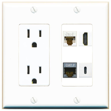 RiteAV CAT6 CAT7 HDMI USBC Wall Plate with 15A Power Outlet [White]