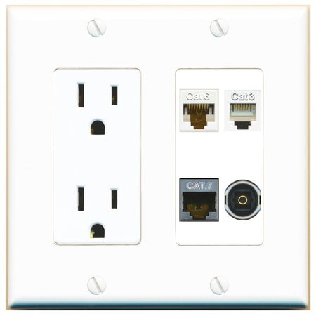 RiteAV CAT6 CAT7 PHONE TOSLINK Wall Plate with 15A Power Outlet [White]