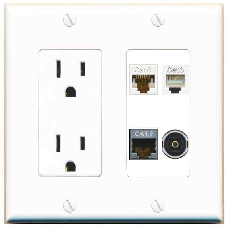 RiteAV CAT6 CAT7 PHONE TOSLINK Wall Plate with 15A Power Outlet [White]