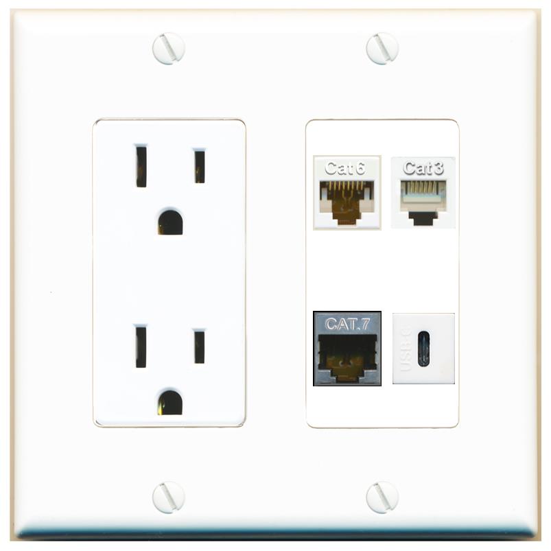 RiteAV CAT6 CAT7 PHONE USBC Wall Plate with 15A Power Outlet [White]