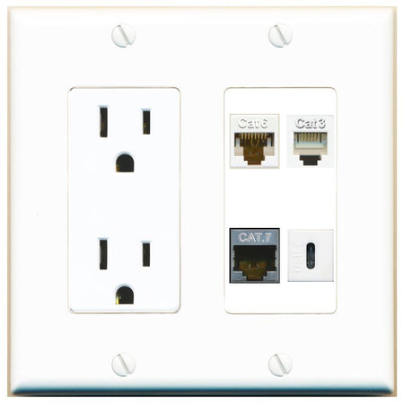 RiteAV CAT6 CAT7 PHONE USBC Wall Plate with 15A Power Outlet [White]