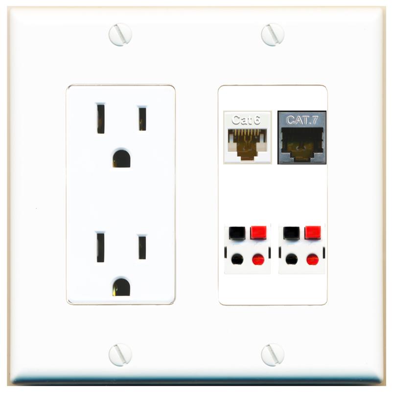 RiteAV CAT6 CAT7 2 SPEAKER Wall Plate with 15A Power Outlet [White]