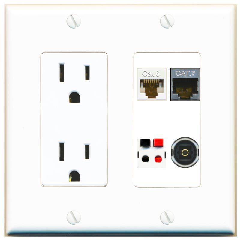 RiteAV CAT6 CAT7 SPEAKER TOSLINK Wall Plate with 15A Power Outlet [White]