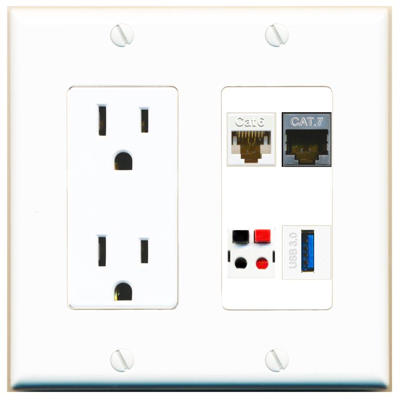 RiteAV CAT6 CAT7 SPEAKER USB-3 Wall Plate with 15A Power Outlet [White]