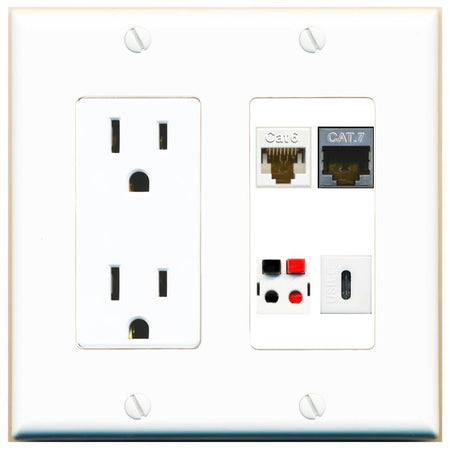 RiteAV CAT6 CAT7 SPEAKER USBC Wall Plate with 15A Power Outlet [White]