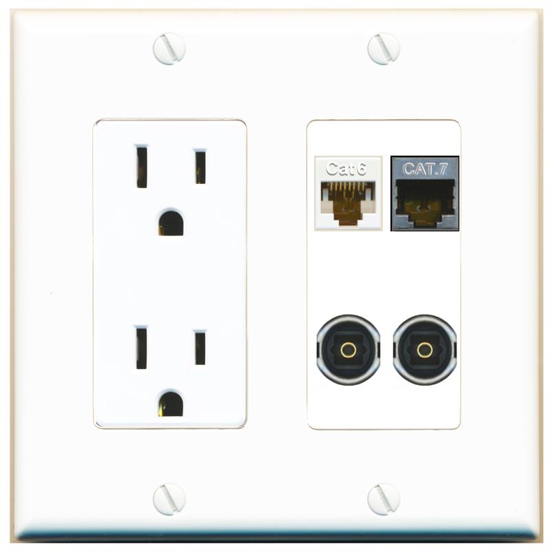 RiteAV CAT6 CAT7 2 TOSLINK Wall Plate with 15A Power Outlet [White]