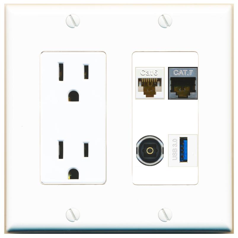 RiteAV CAT6 CAT7 TOSLINK USB-3 Wall Plate with 15A Power Outlet [White]