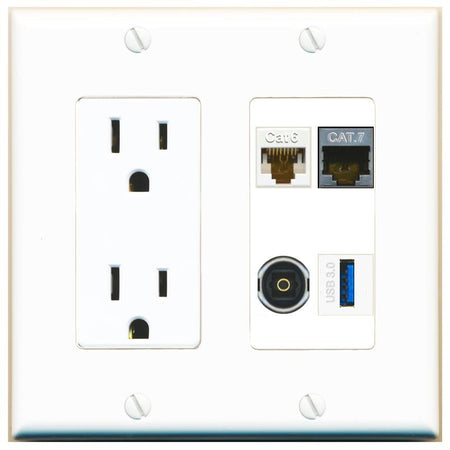 RiteAV CAT6 CAT7 TOSLINK USB-3 Wall Plate with 15A Power Outlet [White]