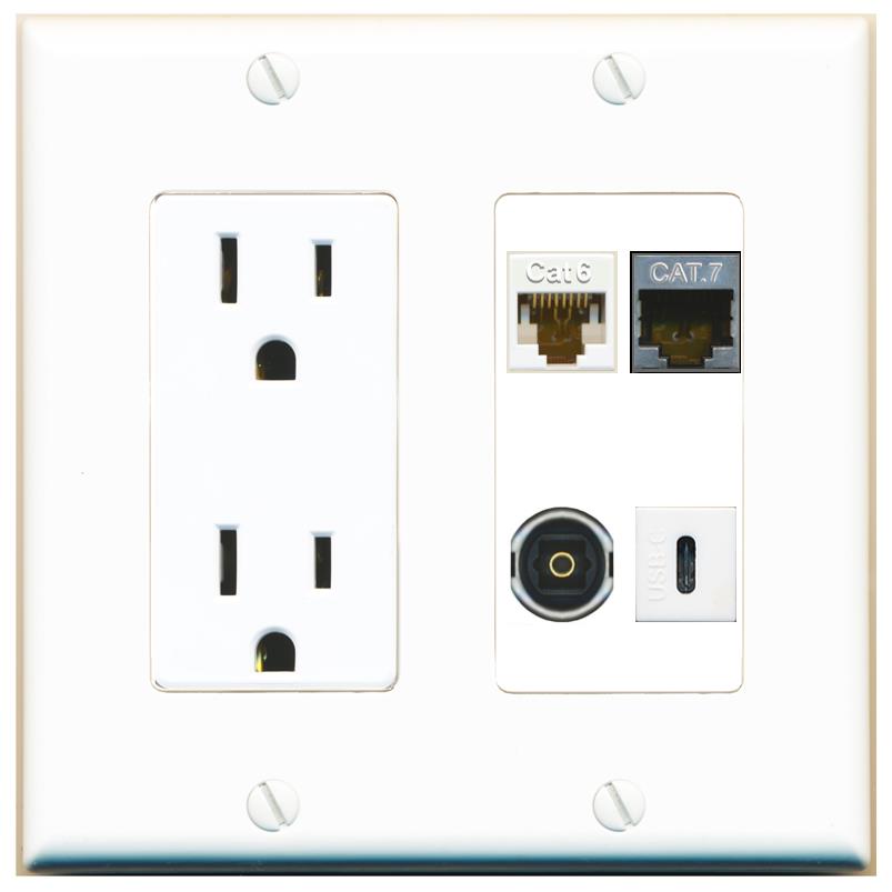 RiteAV CAT6 CAT7 TOSLINK USBC Wall Plate with 15A Power Outlet [White]