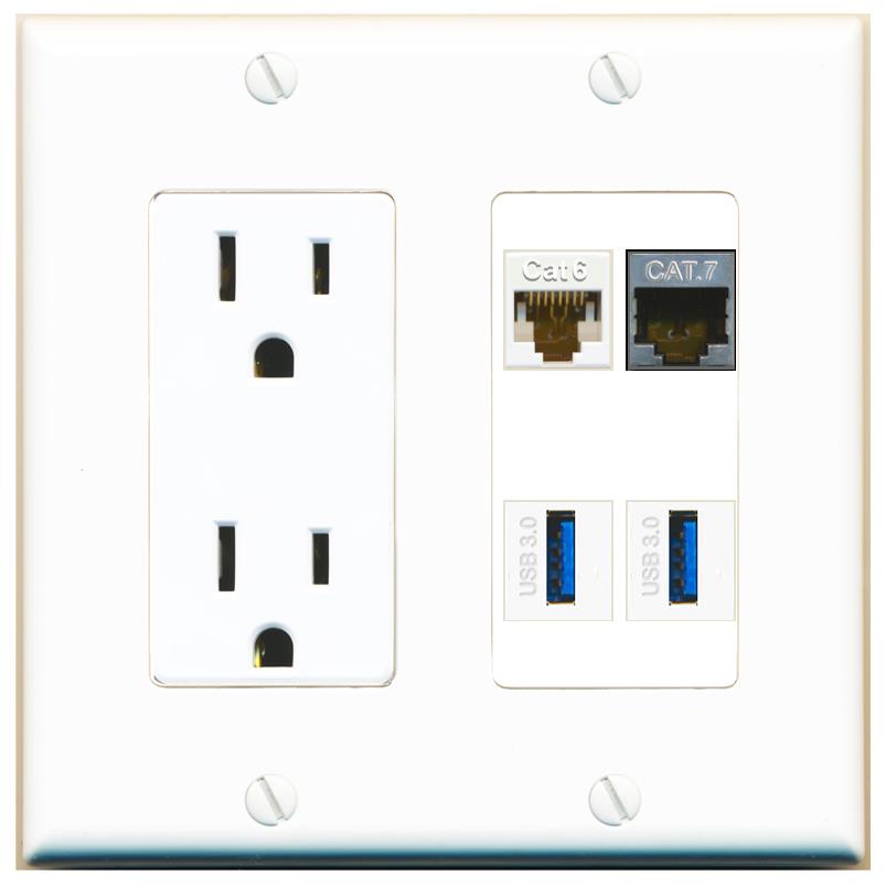 RiteAV CAT6 CAT7 2 USB-3 Wall Plate with 15A Power Outlet [White]