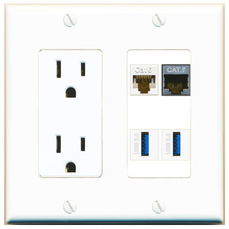 RiteAV CAT6 CAT7 2 USB-3 Wall Plate with 15A Power Outlet [White]