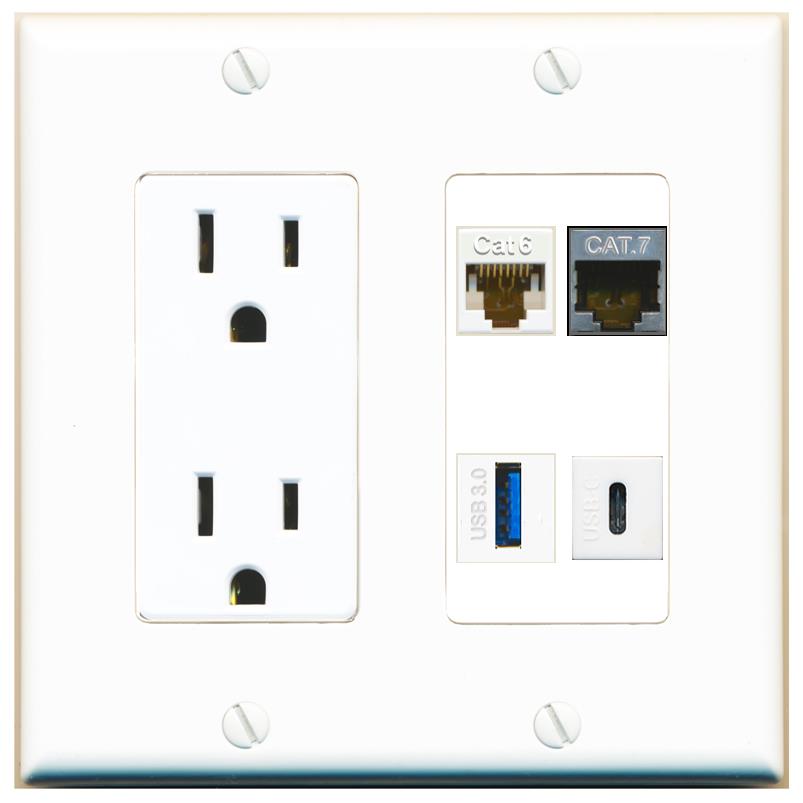 RiteAV CAT6 CAT7 USB-3 USBC Wall Plate with 15A Power Outlet [White]