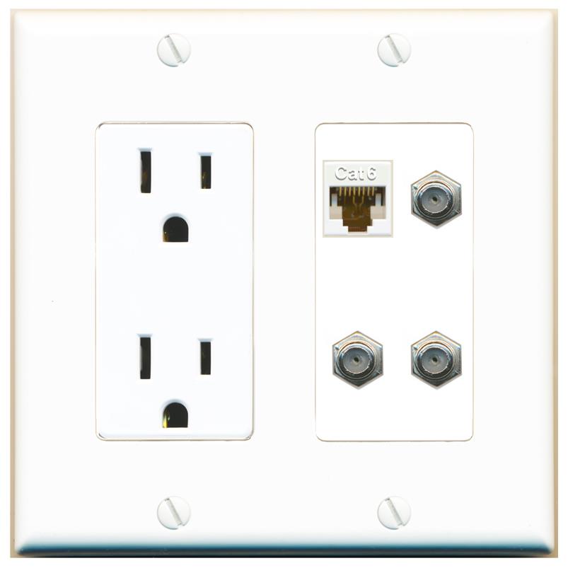 RiteAV CAT6 3 COAX Wall Plate with 15A Power Outlet [White]
