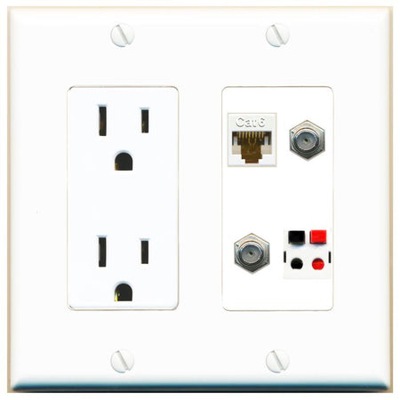 RiteAV CAT6 2 COAX SPEAKER Wall Plate with 15A Power Outlet [White]