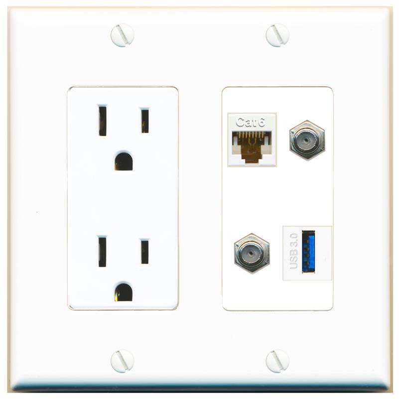 RiteAV CAT6 2 COAX USB-3 Wall Plate with 15A Power Outlet [White]