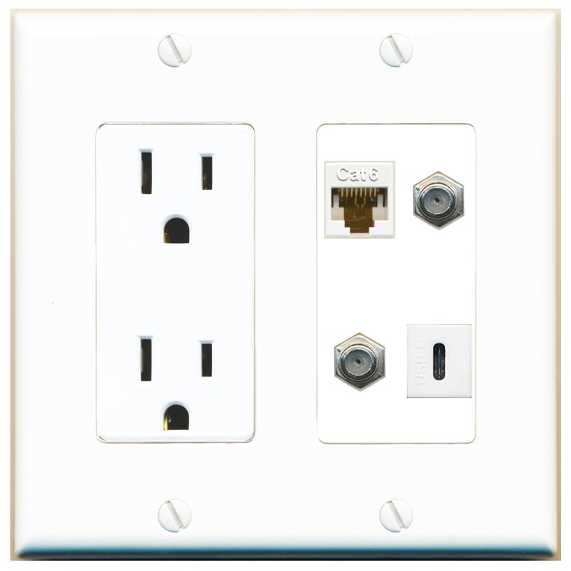 RiteAV CAT6 2 COAX USBC Wall Plate with 15A Power Outlet [White]