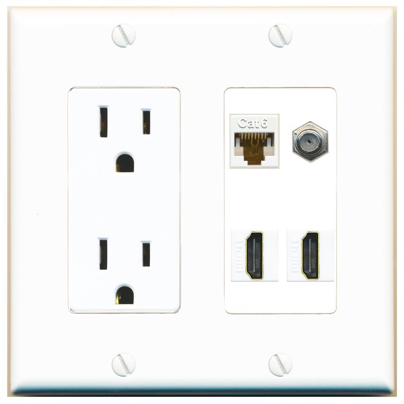 RiteAV CAT6 COAX 2 HDMI Wall Plate with 15A Power Outlet [White]