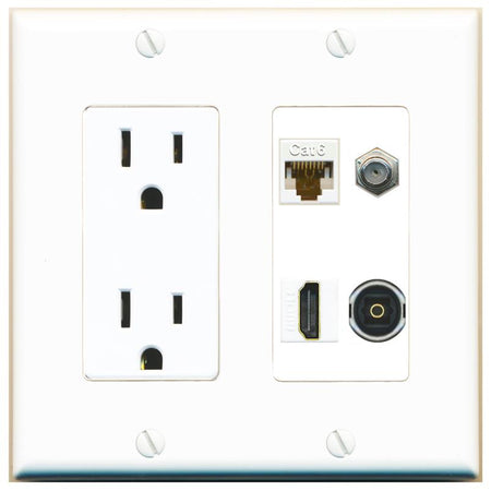 RiteAV CAT6 COAX HDMI TOSLINK Wall Plate with 15A Power Outlet [White]