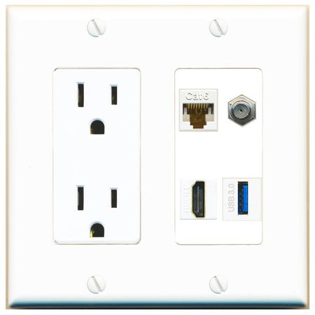 RiteAV CAT6 COAX HDMI USB-3 Wall Plate with 15A Power Outlet [White]